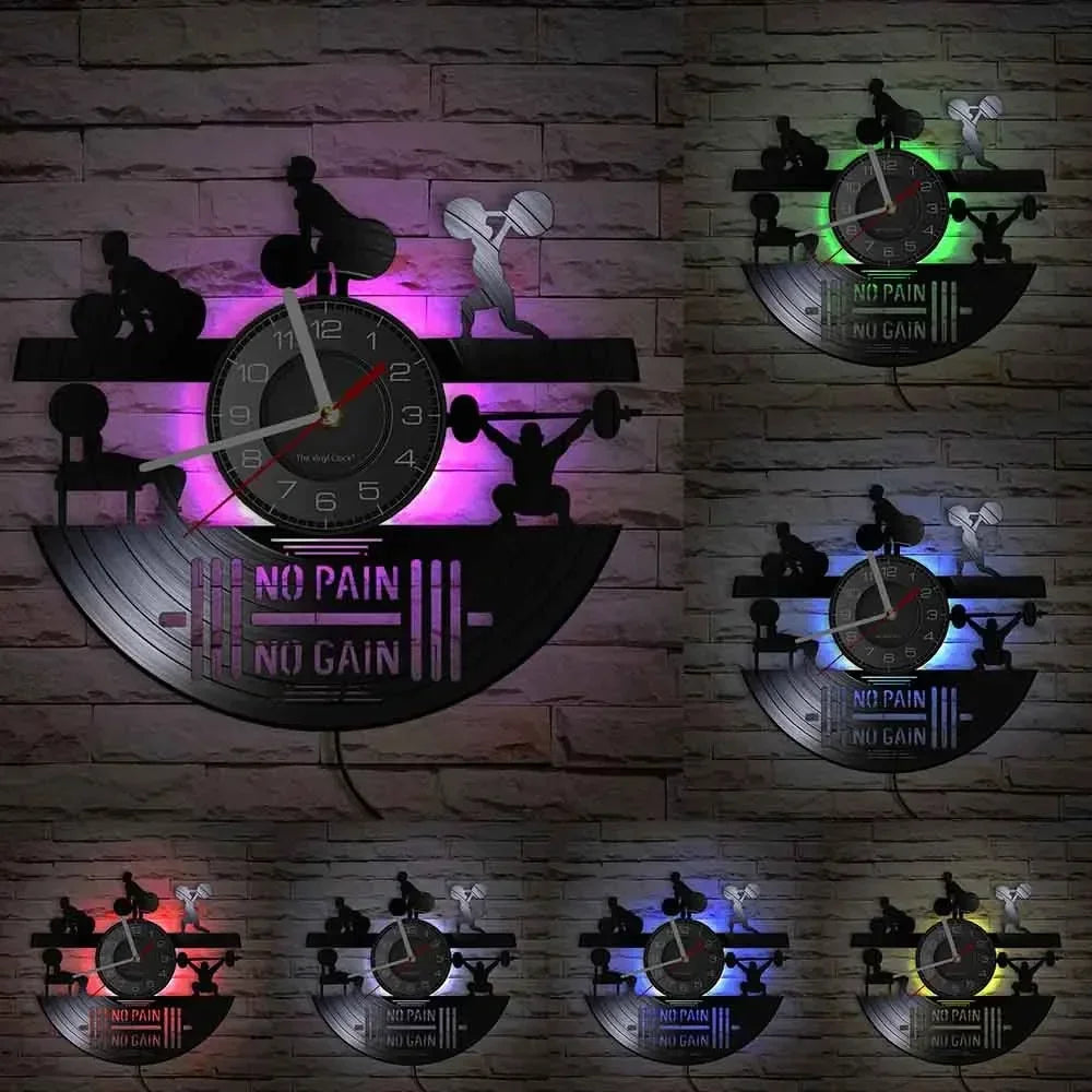Fitness Theme Vinyl Record Wall Clock – LED Backlight Home Décor | 30cm