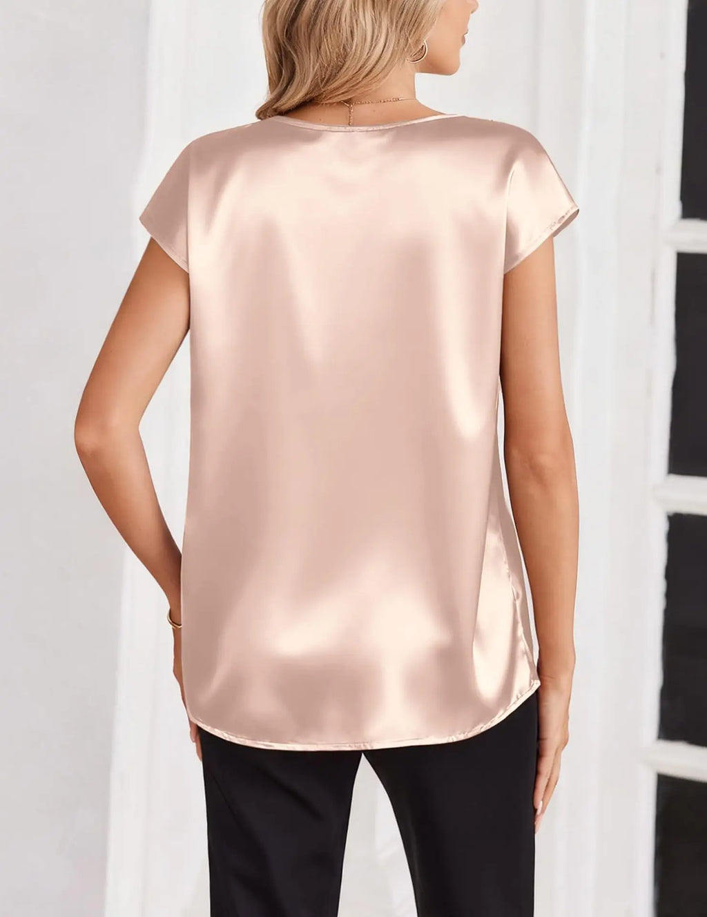 Women's Satin V-Neck Short Sleeve Blouse
