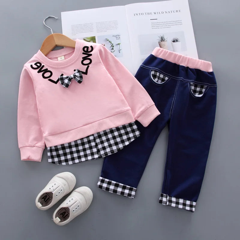 Girls' Bow Plaid Long Sleeve Top & Pants 2-Piece Set