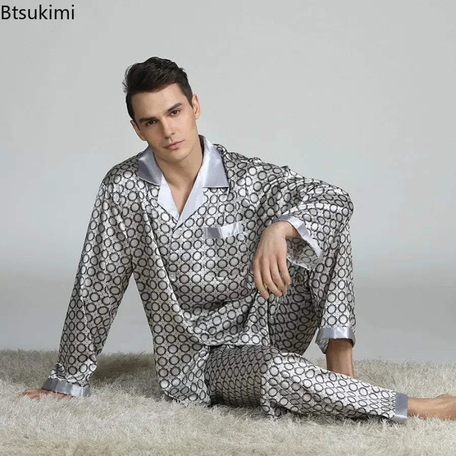 2026Men's Spring Summer Pajamas Sets Long Sleeve Tops&Pants Two-pieces Satin Home Clothes Male Ice Silk Printed Lounge Nightwear