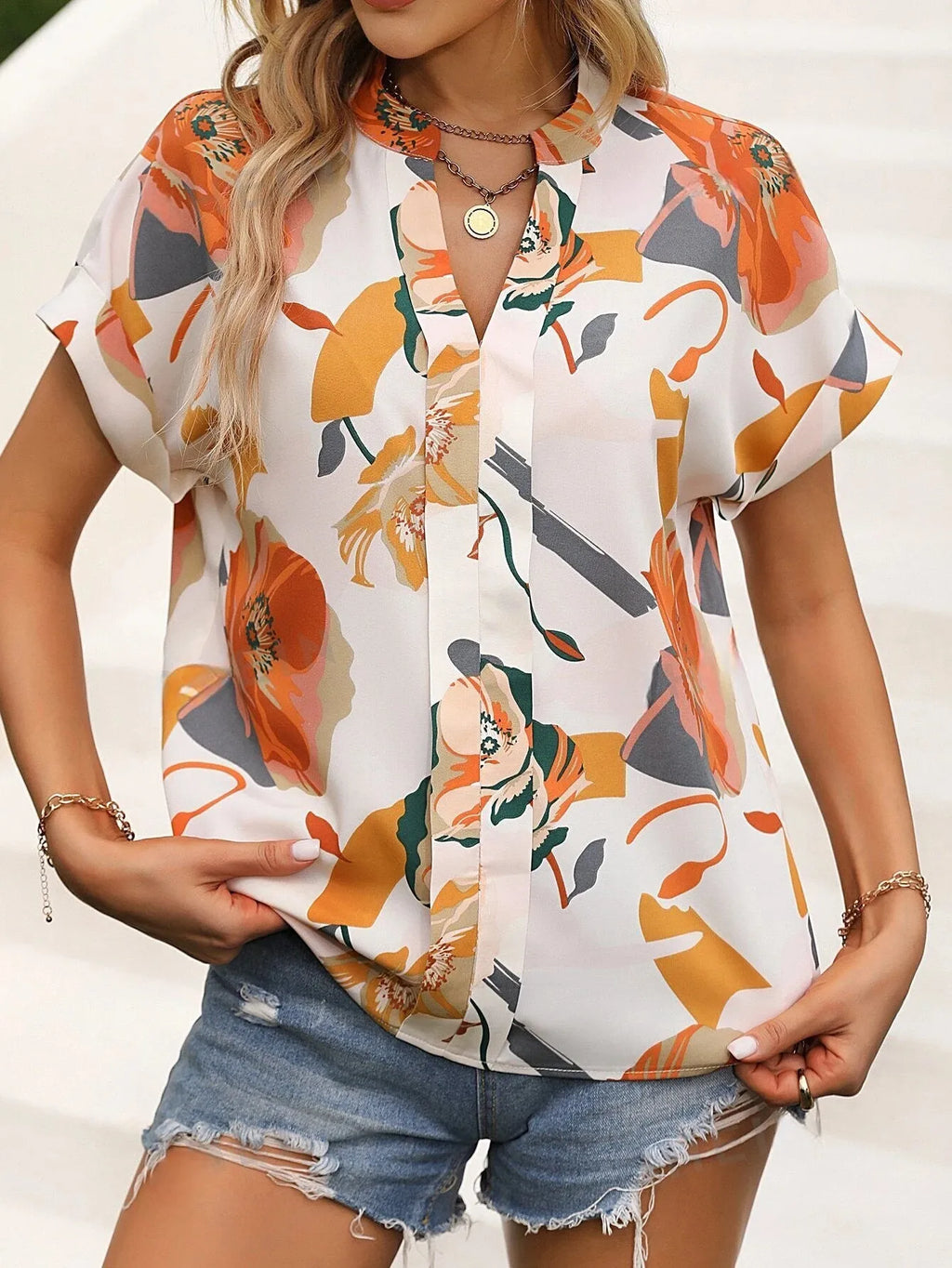 Women Flora Print Notched Neck Batwing Sleeve Blouse Ladies Tops Shirts