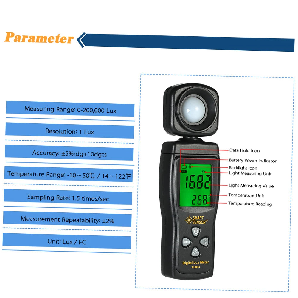 Mini Digital Lux Meter LCD Display Handheld Illuminometer Luminometer Photometer Luxmeter Light Meter 0-200000 Lux