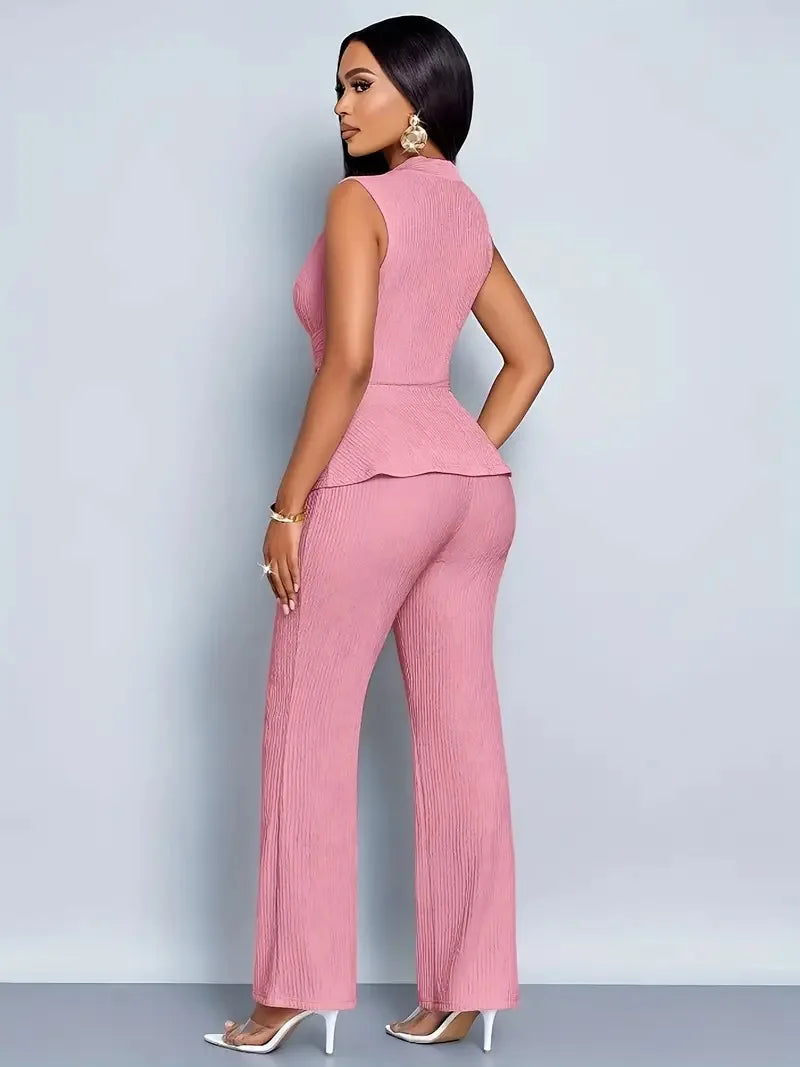 New Spring Summer Women's Trousers Two-piece Elegant Slim V-neck Sleeveless Irregular T-shirt Wide-leg Pants Office 2-piece Set