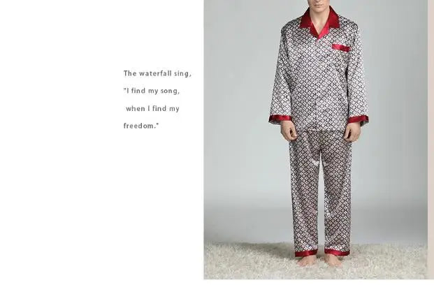 2026Men's Spring Summer Pajamas Sets Long Sleeve Tops&Pants Two-pieces Satin Home Clothes Male Ice Silk Printed Lounge Nightwear
