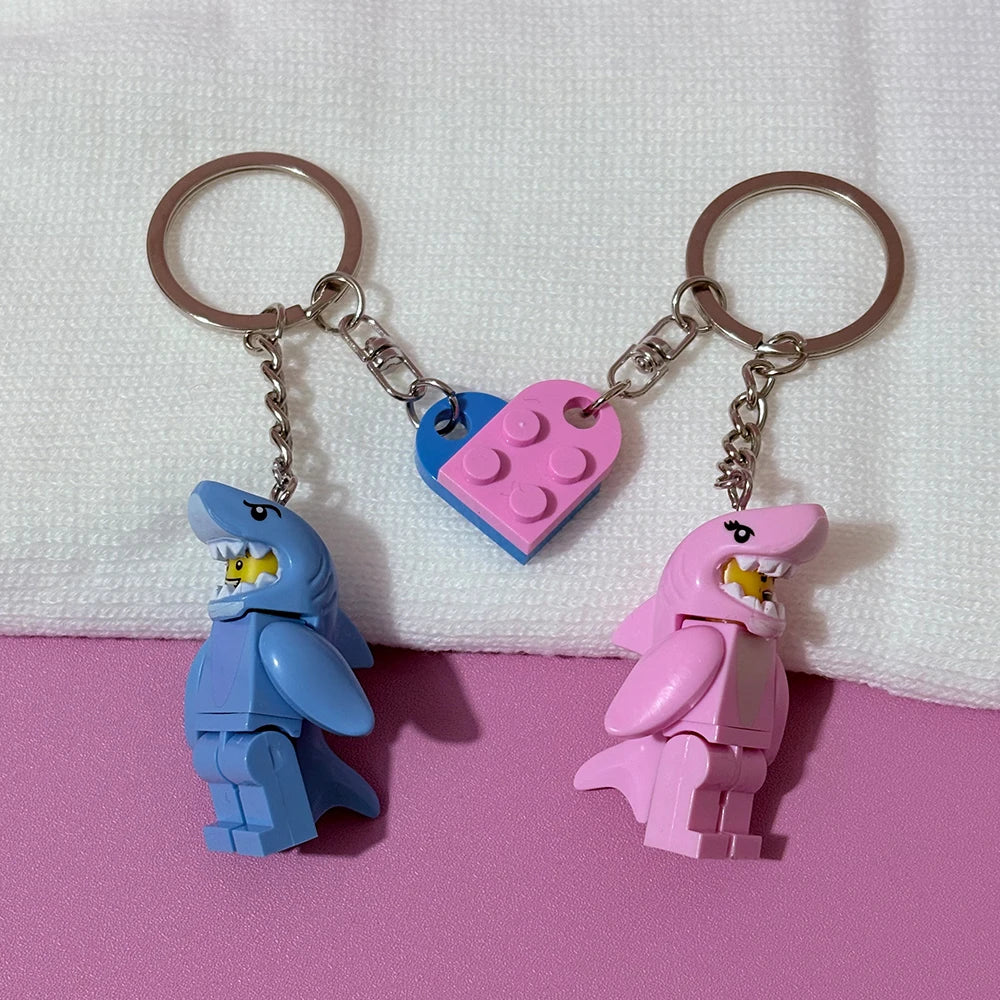 2pcs Cartoon Pink and Blue Shark Couple Keychain Heart-Shaped Building Block Splicing Keyring Backpack Pendant For Friends Gifts