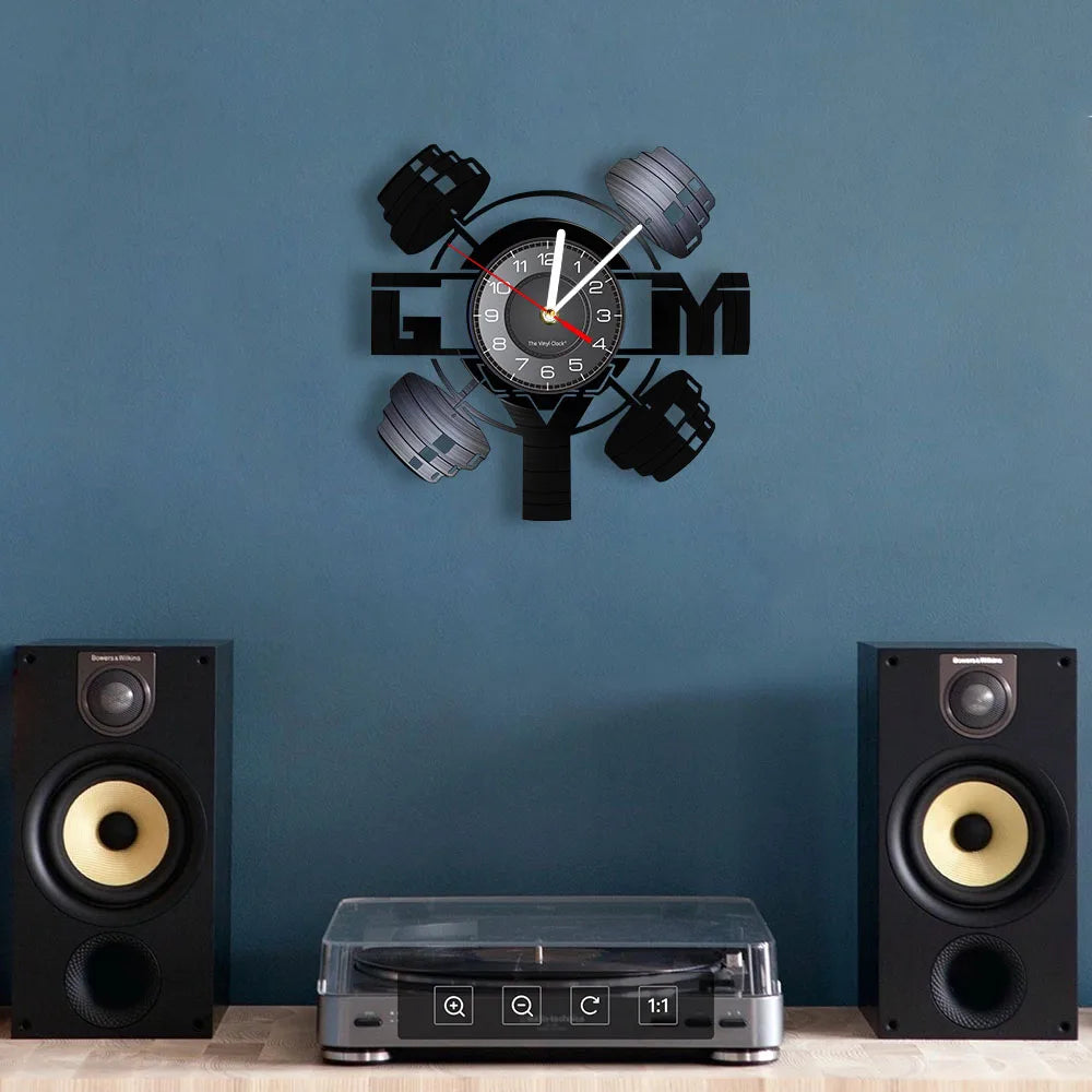 Fitness Equipment Theme Vinyl Record Fitness Wall Clock Home Decoration LED Backlight Modern Fitness Watch