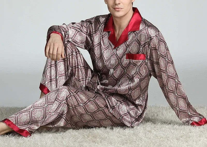 Men's Satin Ice Silk Printed Pajama Set – Long Sleeve Top & Pants, 10 Prints, Sizes L–3XL