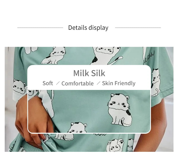 2026 Women Casual Cute Outdoor Shits with Shorts Pajamas Sets Short Sleeve Sleepwear 2 Piece Pjs Cartoon Cat Print Pyjamas Sets