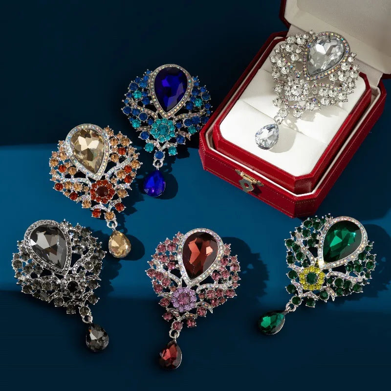 Teardrop Sapphire Rhinestone Dangle Brooch – Statement Lapel Pin for Women