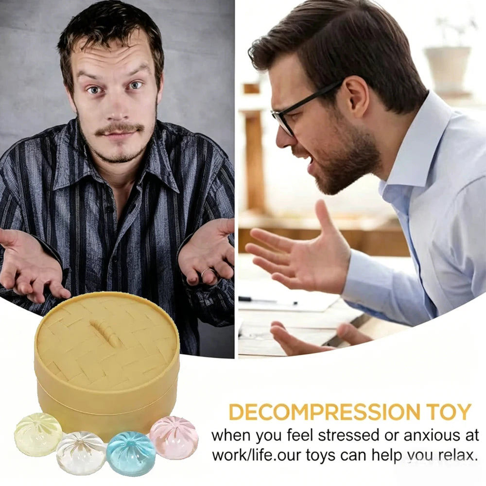 Mini Dumpling Squishy Set with Steamer | 5-Piece Crystal Stress Relief Fidget Toy