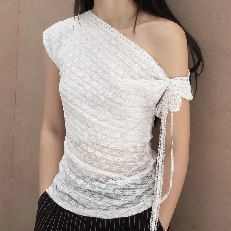 2026 Summer Women's Clothing Street Style One-shoulder Asymmetric Lace Lace Off-shoulder Lace Short-sleeved T-shirt for Women