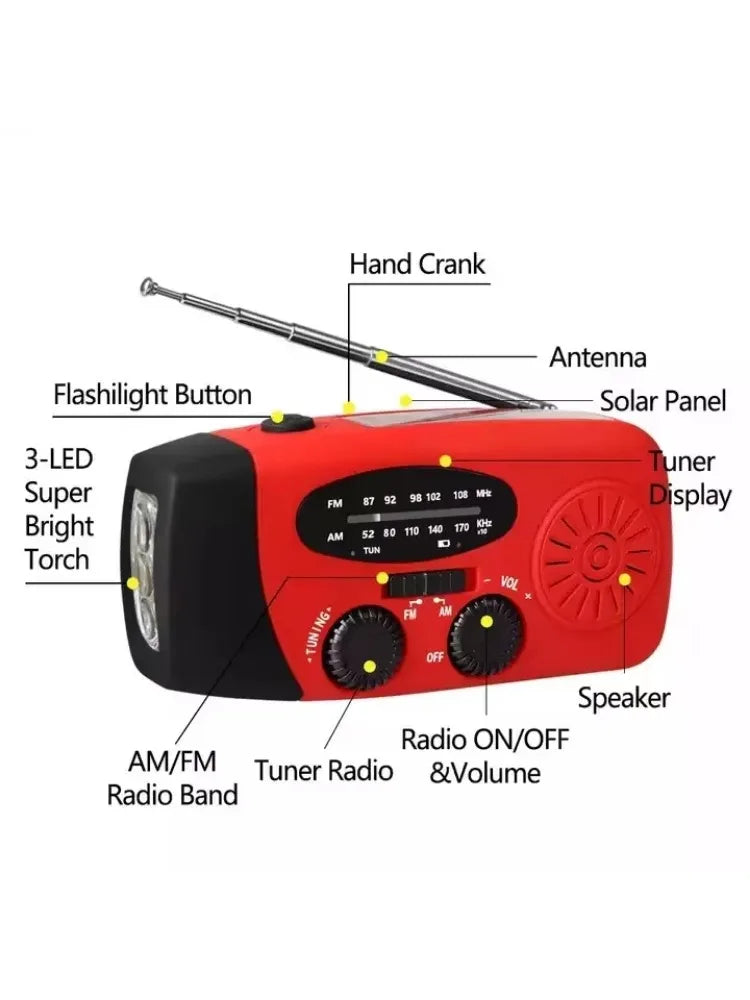 Emergency Weather 2000mAh Radio Portable Emergency Solar Radio Hand Crank Self Powered Phone Charger 3 Led Flashlight Am Fm