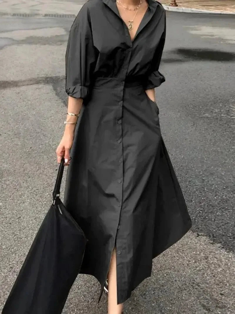 Women's Summer Long Dresses 2026 Spring Fall New Clothes Blue Puff Sleeves Botton Simple Casual Maxi Shirts Dresses for Women