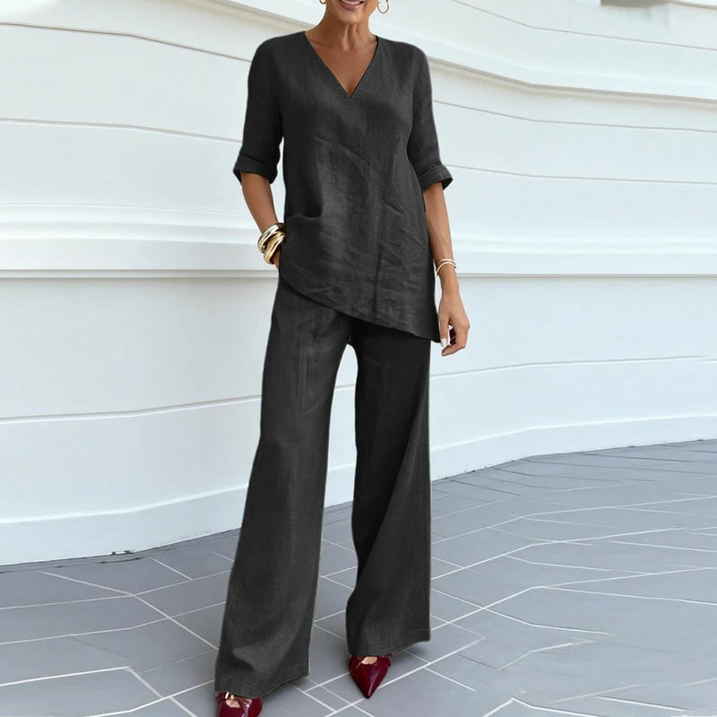 Summer Casual Solid V Neck Short Sleeve T-Shirts Loose Pocket Wide Leg Pants Suit Women Comfortable Beach Holiday Two Piece Set