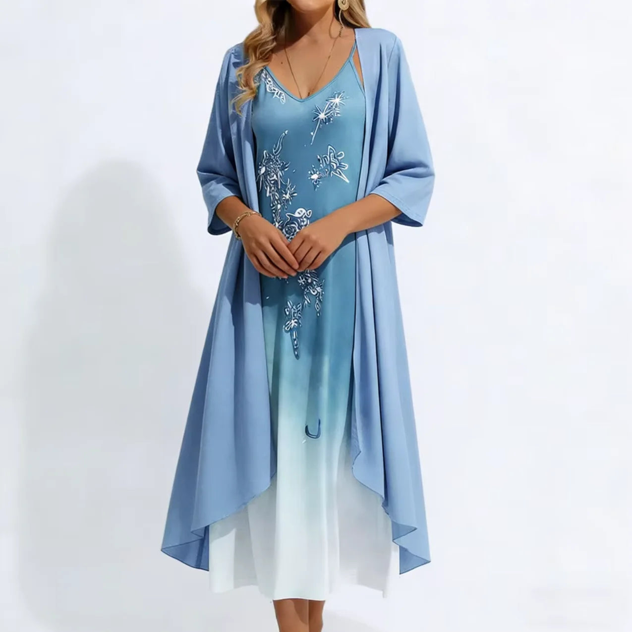 Women's Embroidered Spaghetti Strap Maxi Dress & Open Front Cover-Up Set