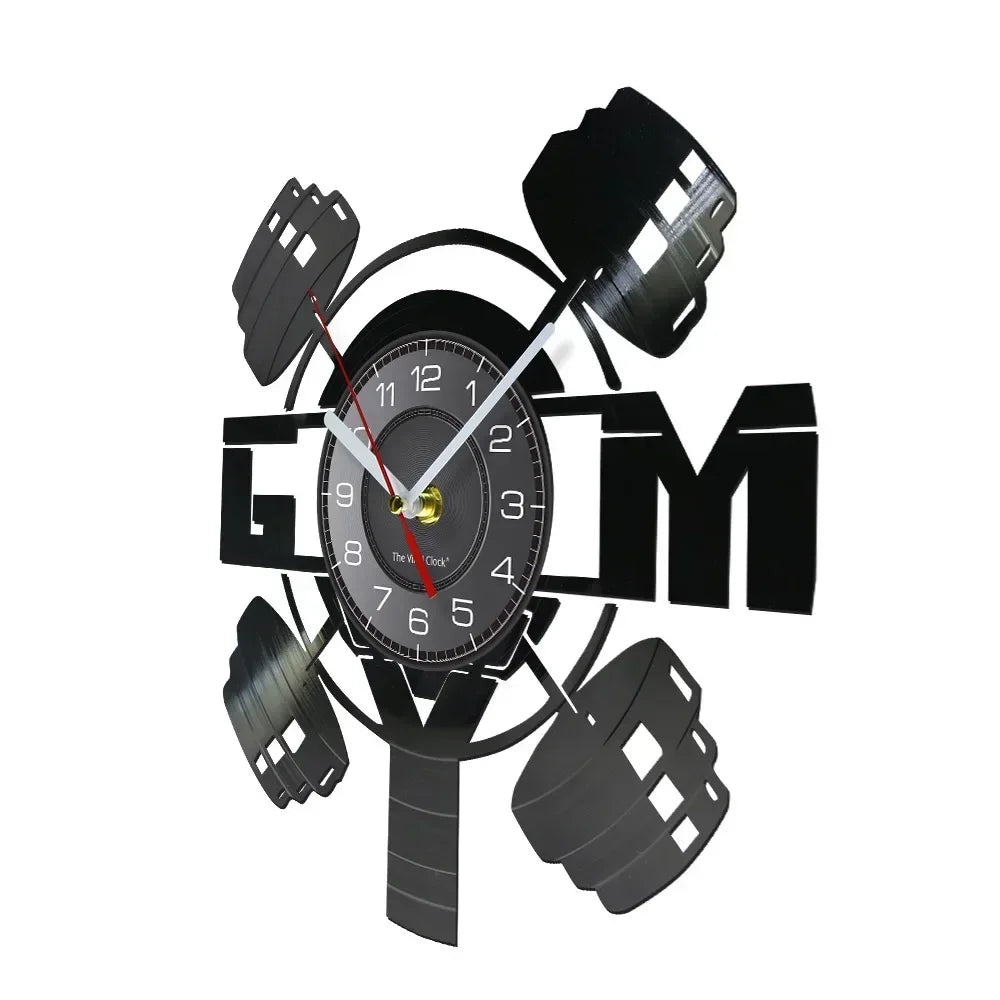 Fitness Equipment Theme Vinyl Record Fitness Wall Clock Home Decoration LED Backlight Modern Fitness Watch