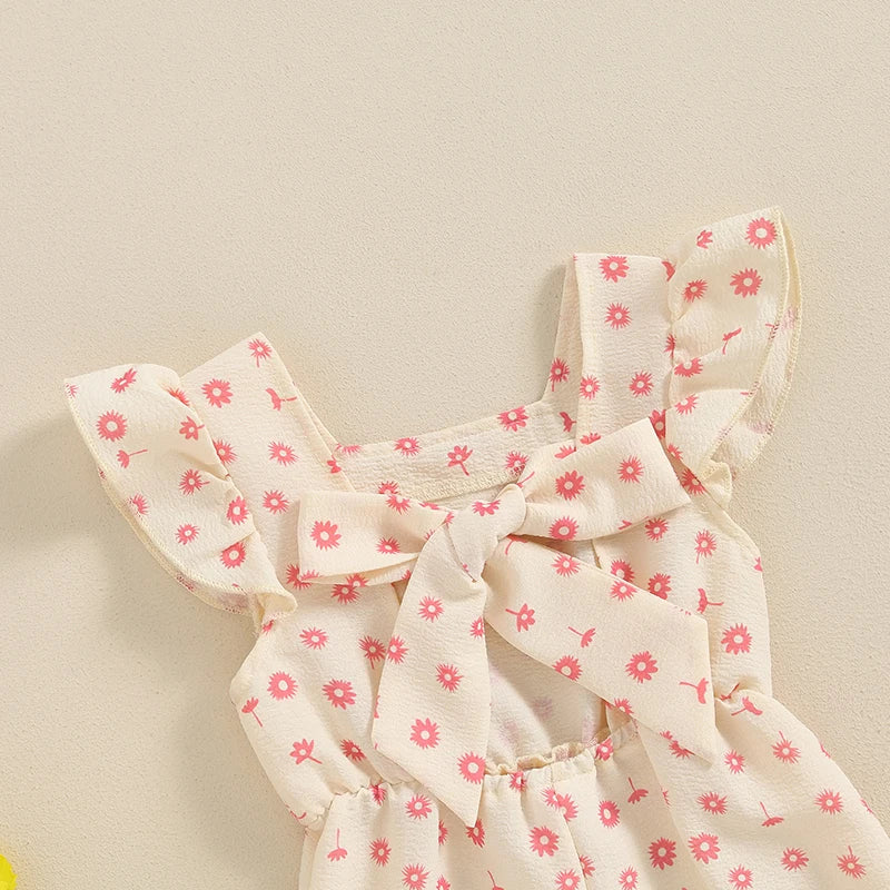 Baby Girls Floral Print Backless Bowknot Cotton Romper