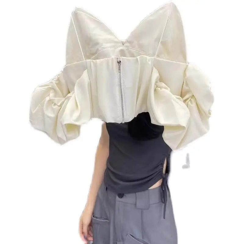 Women's clothing 2025 spring and summer new V-neck off-the-shoulder bubble sleeve pleated short suspender vest women