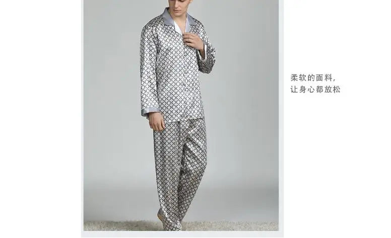 2026Men's Spring Summer Pajamas Sets Long Sleeve Tops&Pants Two-pieces Satin Home Clothes Male Ice Silk Printed Lounge Nightwear