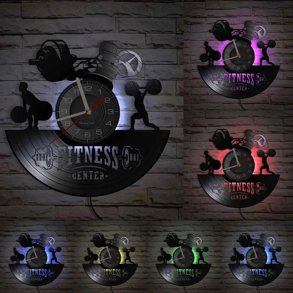 Fitness Theme Vinyl Record Wall Clock – LED Backlight Home Décor | 30cm