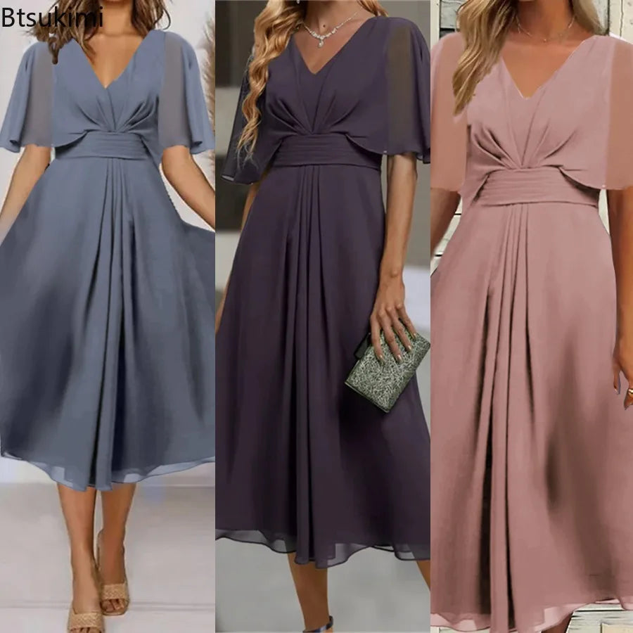 Women's V-Neck Ruffle Chiffon A-Line Maxi Dress