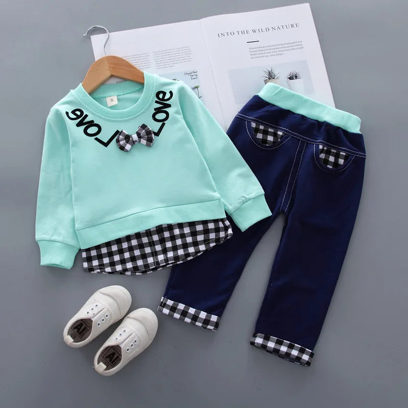 Girls' Bow Plaid Long Sleeve Top & Pants 2-Piece Set