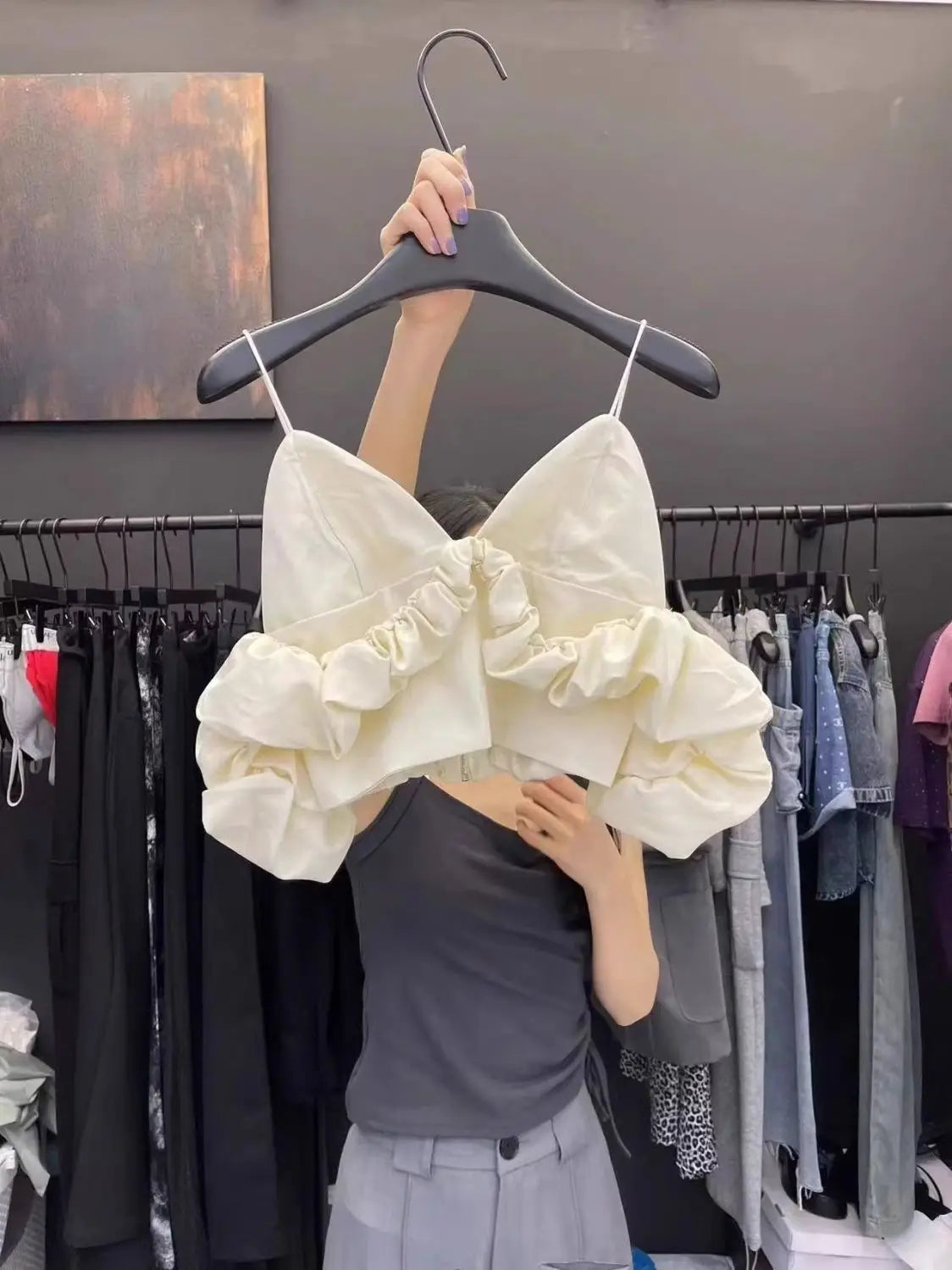 Women's clothing 2025 spring and summer new V-neck off-the-shoulder bubble sleeve pleated short suspender vest women