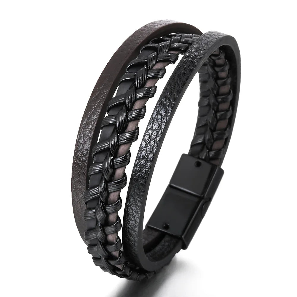 Men's Multilayer Leather & Braided Rope Bracelet – Vintage Aluminium Alloy Bangle | 21cm