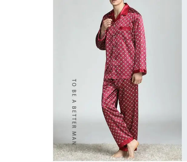 2026Men's Spring Summer Pajamas Sets Long Sleeve Tops&Pants Two-pieces Satin Home Clothes Male Ice Silk Printed Lounge Nightwear