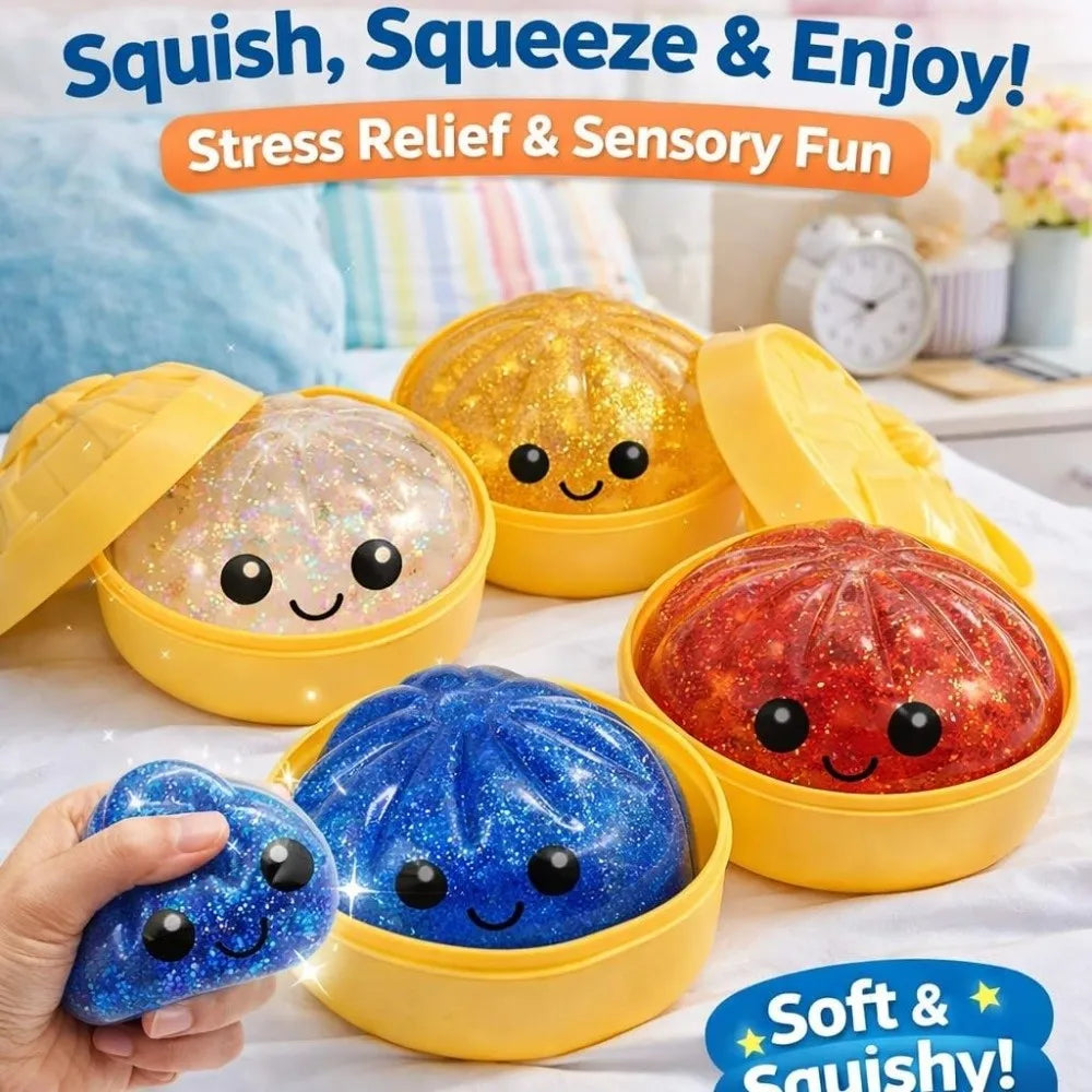 Glitter Dumplings Squishy Soft with Steamer Steamed Bun Squishy Pinch Le Fidget Slow Resilience Squeeze Decompression Dough