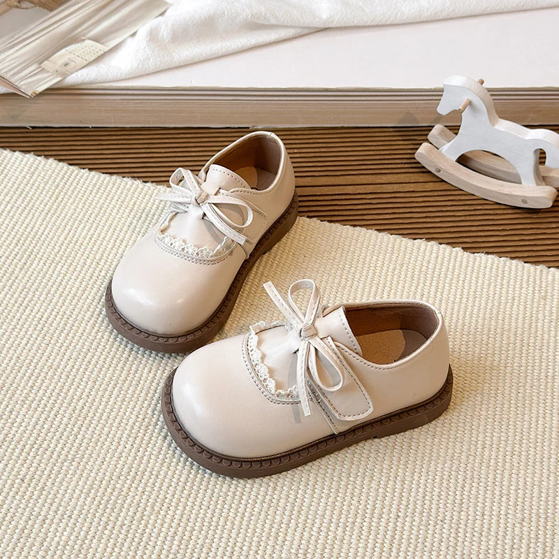 Girls Lace Trim Bow Mary Jane Princess Flat Shoes