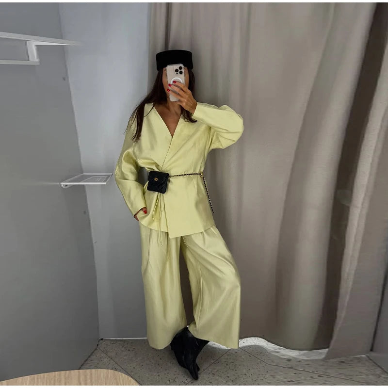 Elegant Stain Loose Jacket Pants Suit Women Solid Lace Up Full Sleeve V-neck Jackets Wide Leg Trousers Fashion Street Sets Lady