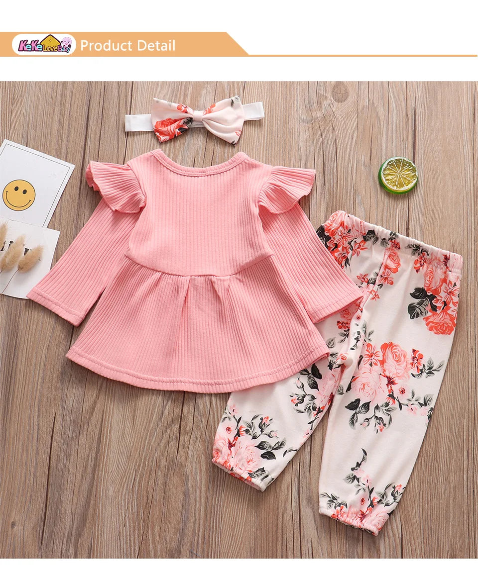 Newborn Baby Girl 3-Piece Knit Top, Floral Pants & Headband Set