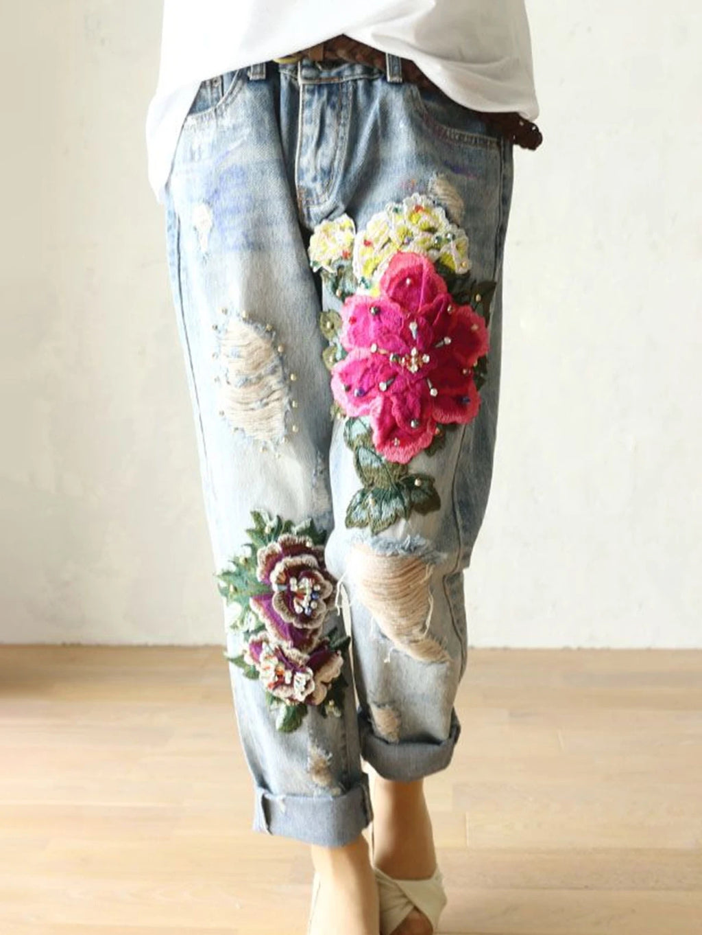 Women's Floral Embroidery High Waist Loose Harem Jeans