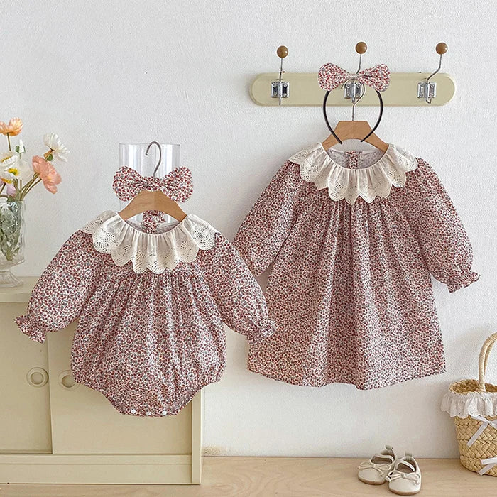 2026 New Spring Sister Dress Kids Princess Dresses Long Sleeved Cotton Print 2-7Yrs Girl Party Dress Baby Girl Romper