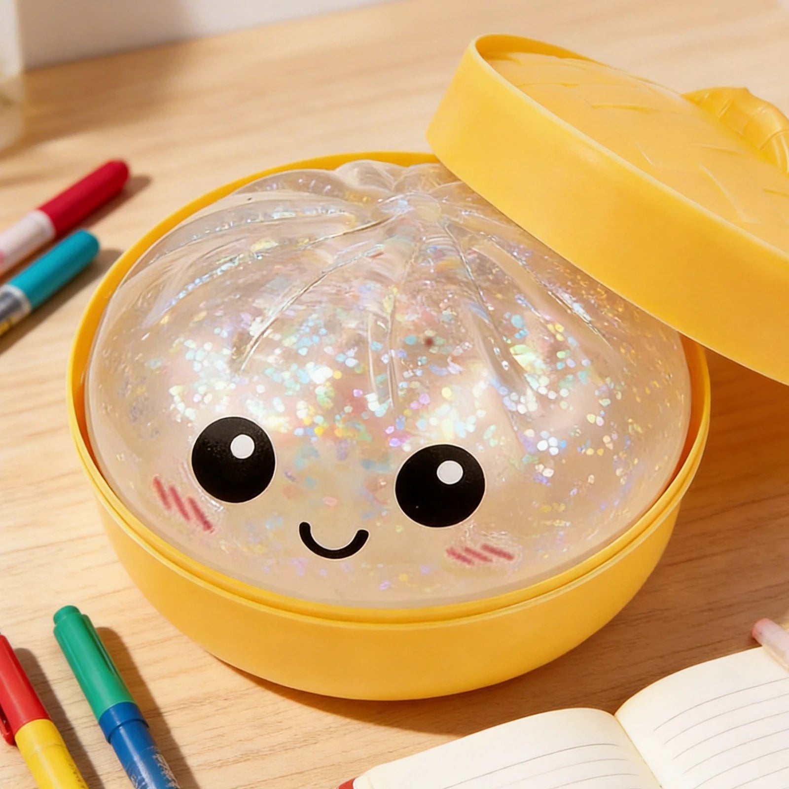 Glitter Dumpling - Glitter Dumpling Squishy, Dumplings Squeeze Sensory Stress Relief Toy with Food Steamer for Adults & Kids