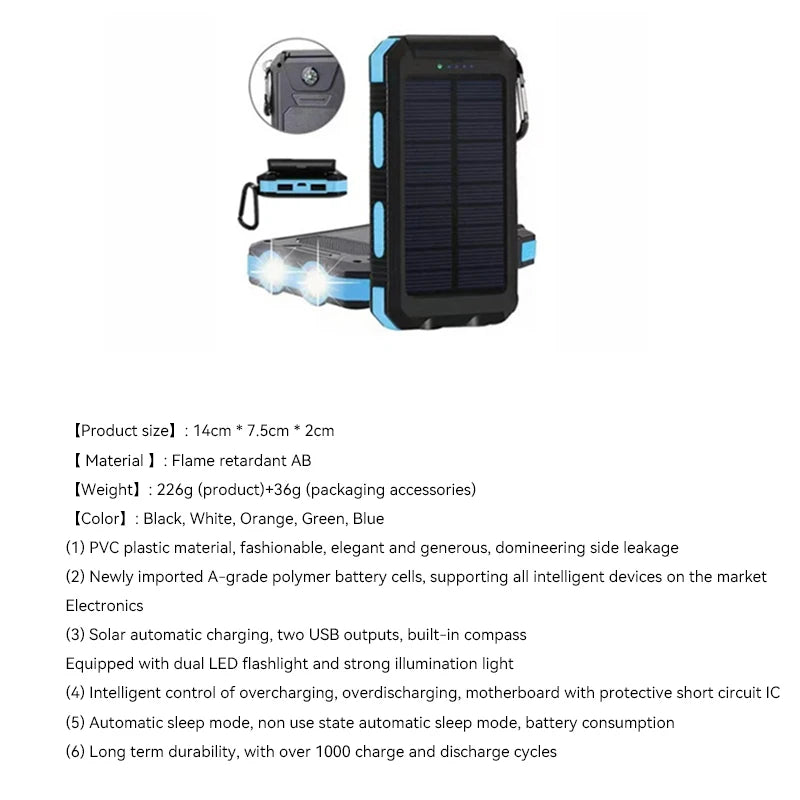 Solar Power Bank 80000mAh Portable Power Bank External Battery Fast Charging Strong Light LED Light for All Smartphones
