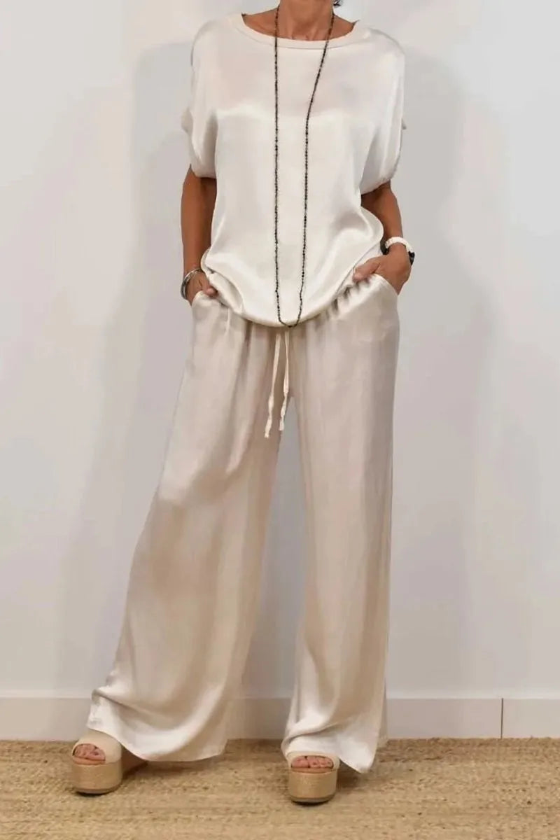 2-piece Set Fashion Satin O Neck T-shirt Top Trousers Summer Retro Elegant Casual Loose Wide-leg Pants Female Home Clothing Suit