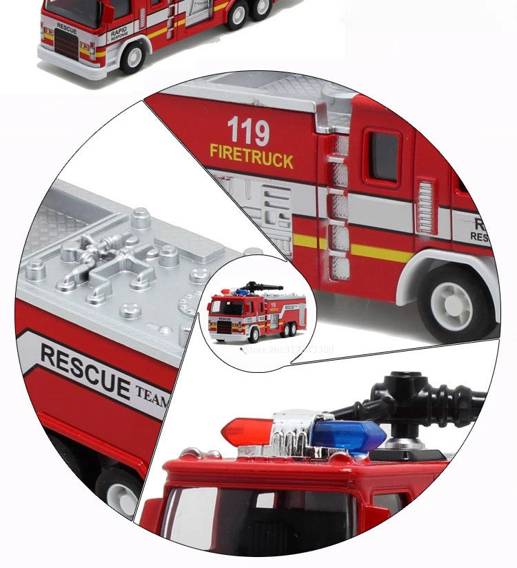 1:32 Fire Truck Model Toy Car Alloy Body Rubber Tire Music Light Pull Back Climbing Water Tank 119 Vehicles Models Toys Gifts