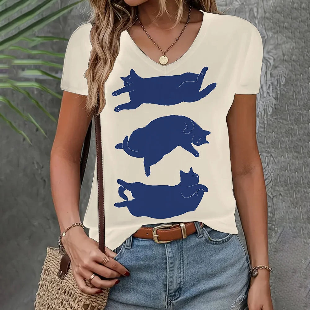 Women's Loose Short Sleeve 3D Cat Print T-Shirt – V-Neck Casual Summer Top