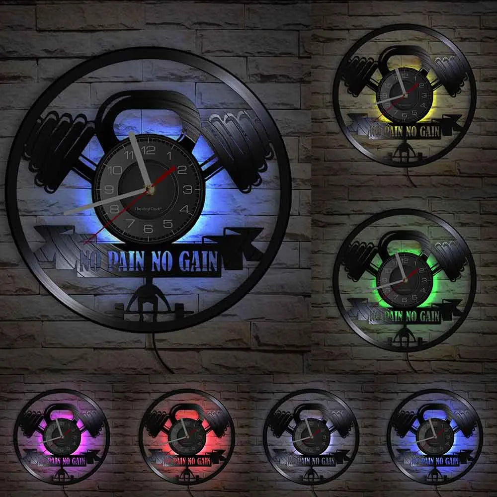 Fitness Equipment Theme Vinyl Record Fitness Wall Clock Home Decoration LED Backlight Modern Fitness Watch