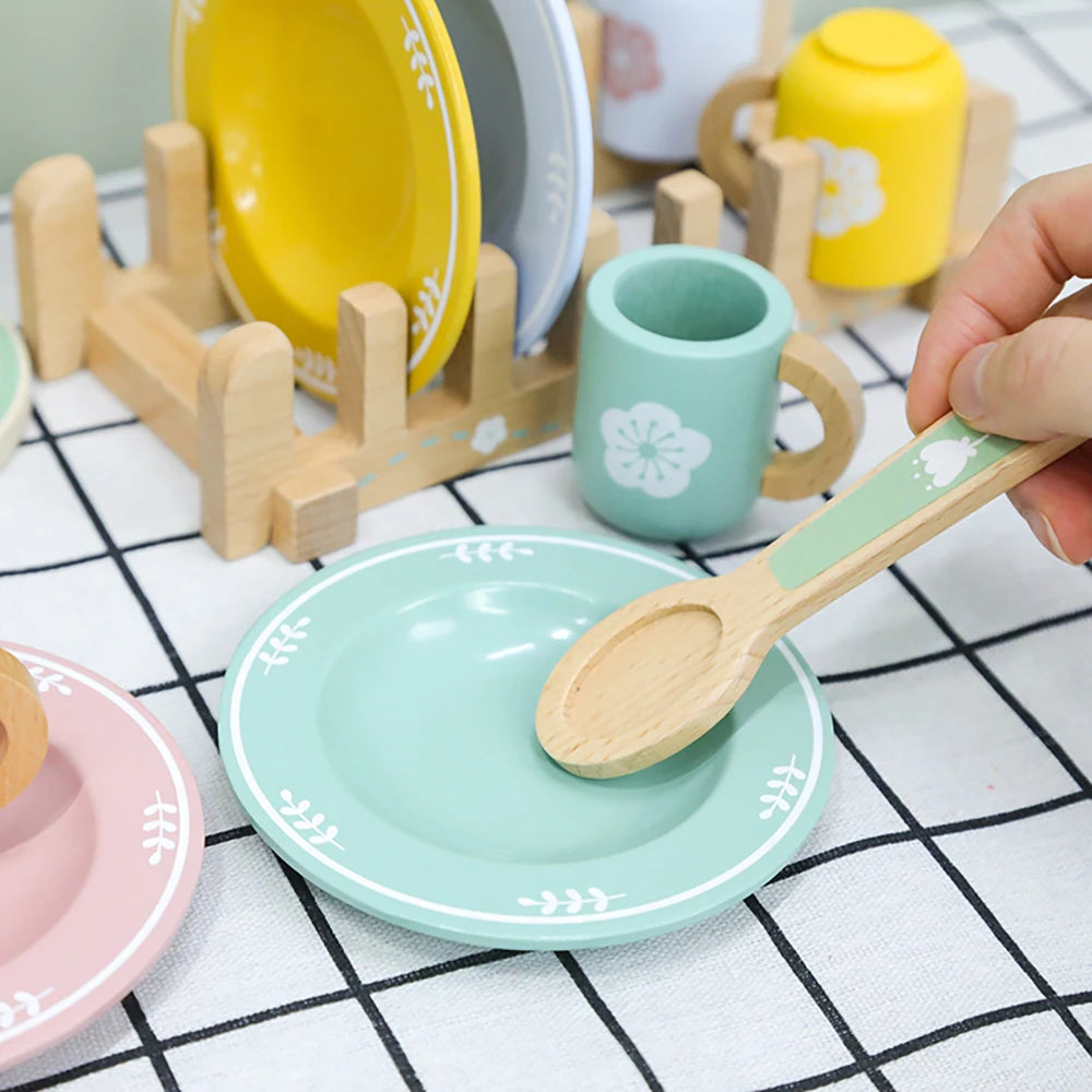 Tea Party Set Dessert Stand Playset ,Wooden Toys Pretend Play Food Kitchen Accessories for Toddler Tea Set Birthday Gift