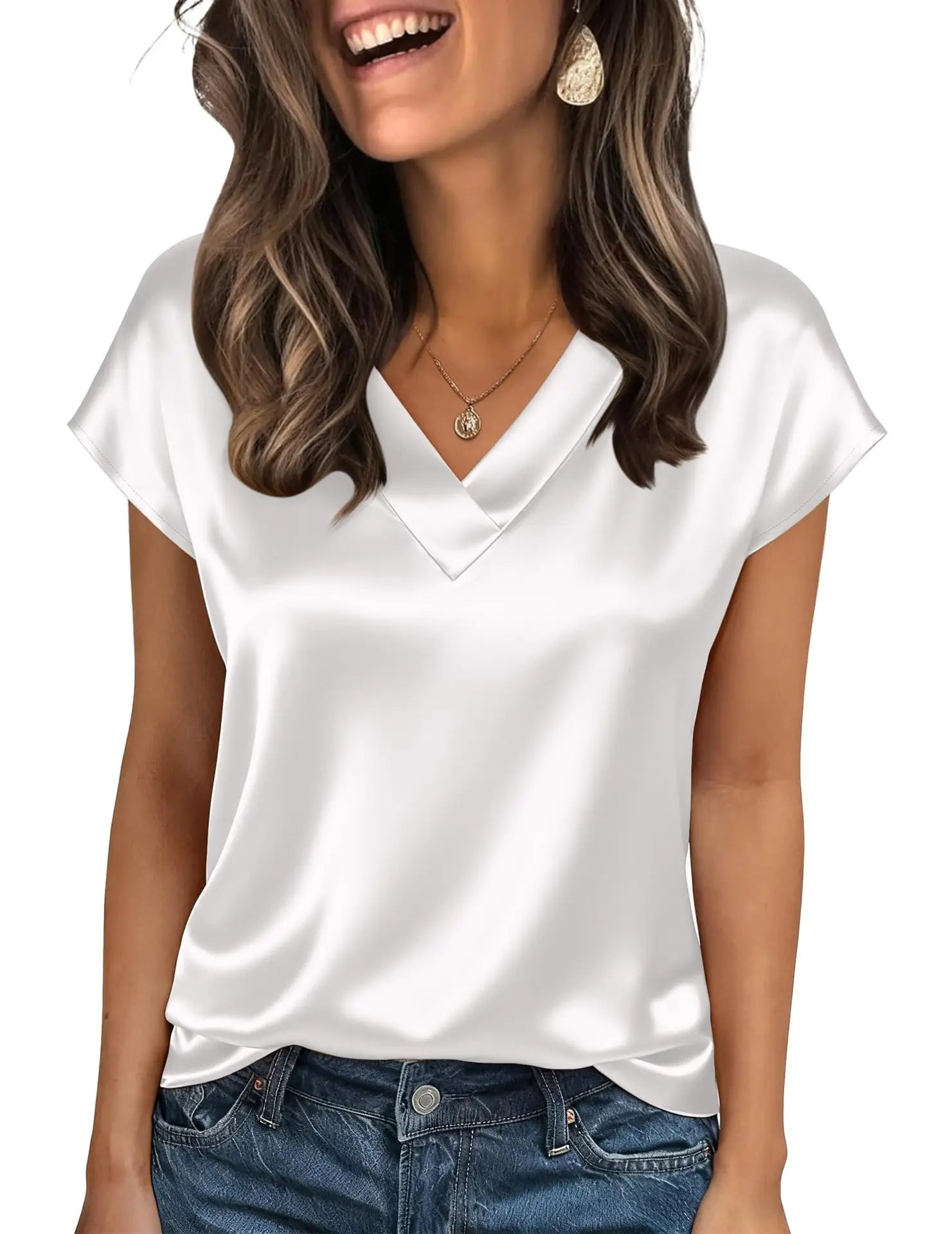 Women's Satin V-Neck Short Sleeve Blouse