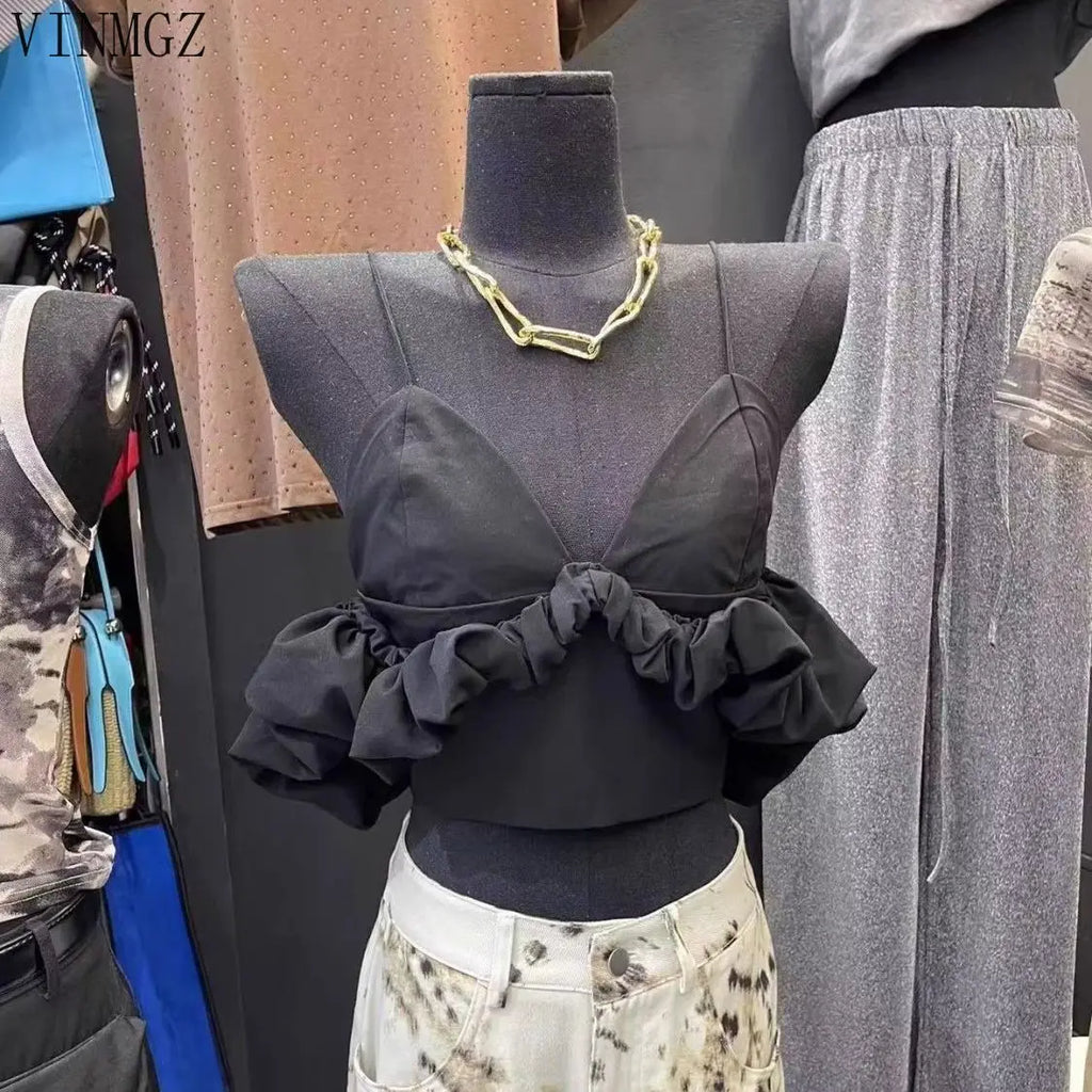 Women's clothing 2025 spring and summer new V-neck off-the-shoulder bubble sleeve pleated short suspender vest women