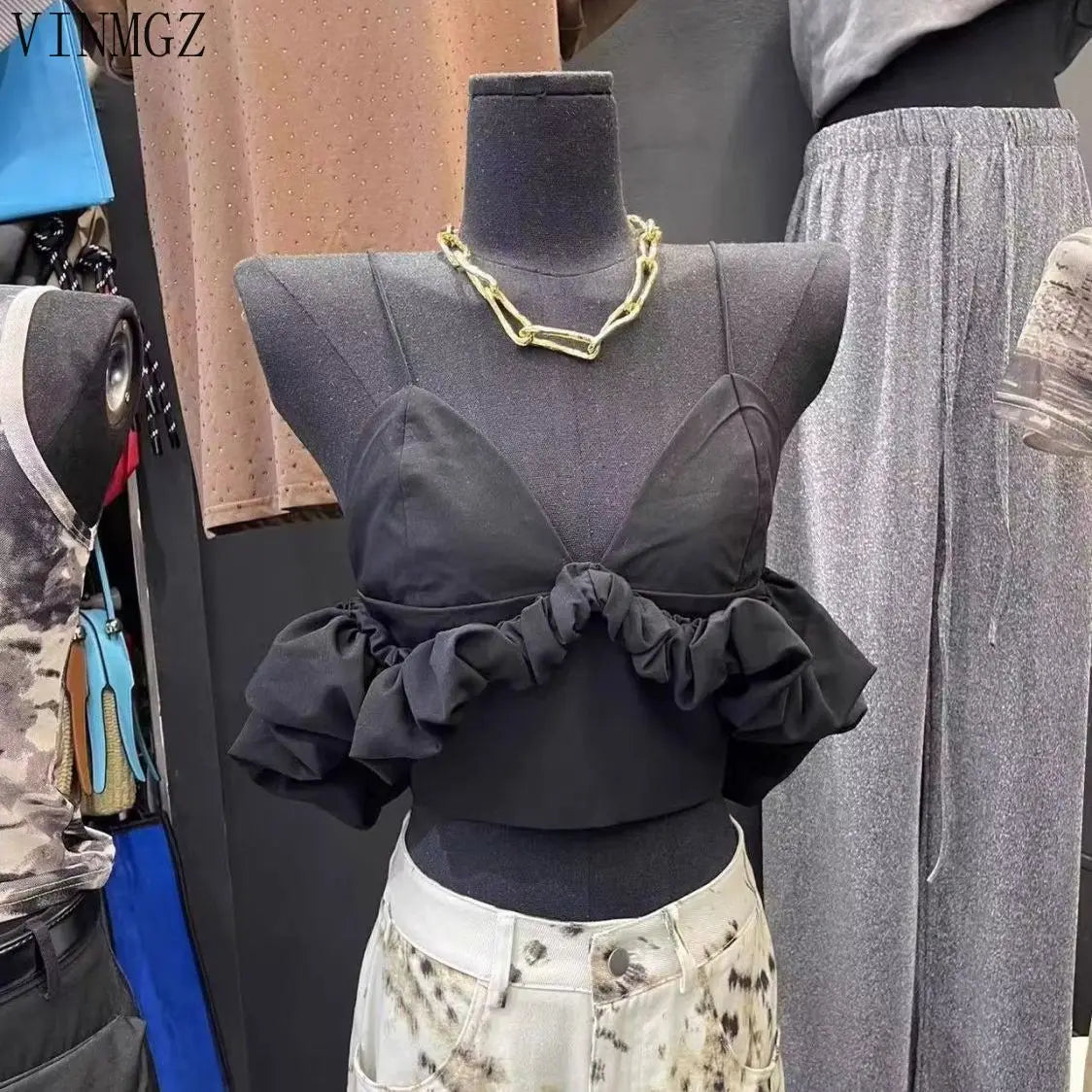 Women's clothing 2025 spring and summer new V-neck off-the-shoulder bubble sleeve pleated short suspender vest women