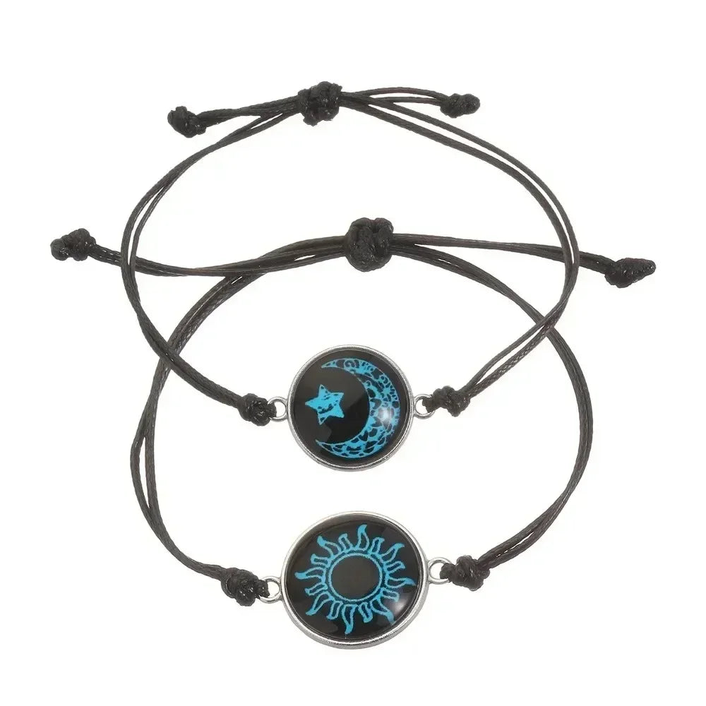 Handmade Braided Couple Bracelets Sun Moon Themed Glow In The Dark Glass Bead Adjustable Rope Wrist Jewelry Romantic Matching Accessory Gift