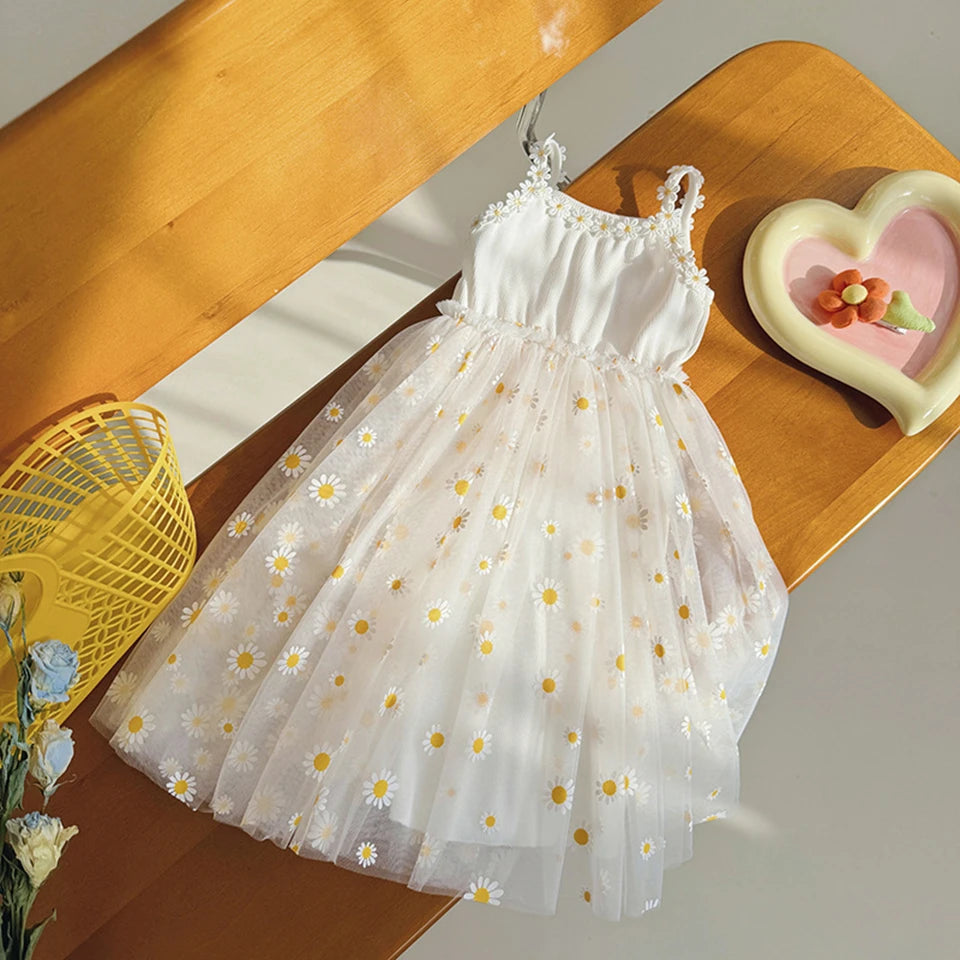 2026 Summer Girls Sling Dress Cute Daisy Print Tulle Skirt Casual Party Dress Kids Princess Dress with Lace Flower Trim 2-8Years