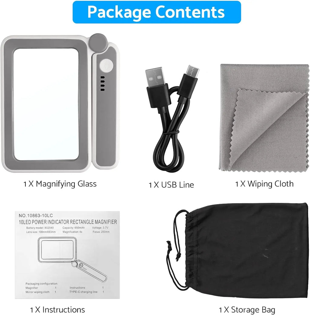 4X Large Magnifying Glass with LED Lights USB Loupe Rechargeable Magnifier Handheld Reading Magnifying Lamp With LED Lighting
