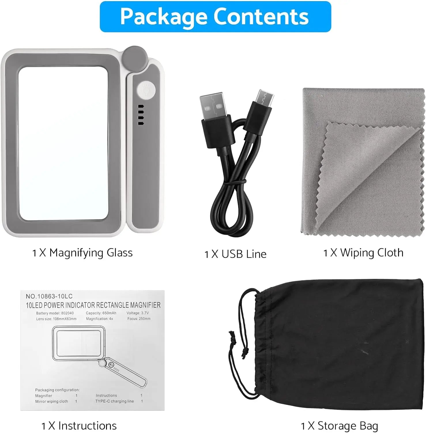 4X Large Magnifying Glass with LED Lights USB Loupe Rechargeable Magnifier Handheld Reading Magnifying Lamp With LED Lighting
