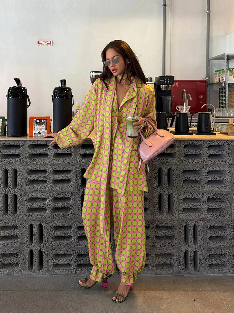 Loose Geometric Print Shirt Pant Sets for Women Ribbon Lapel Full Sleeve Pocket Shirts Wide Leg Trouser Summer Casual Suits
